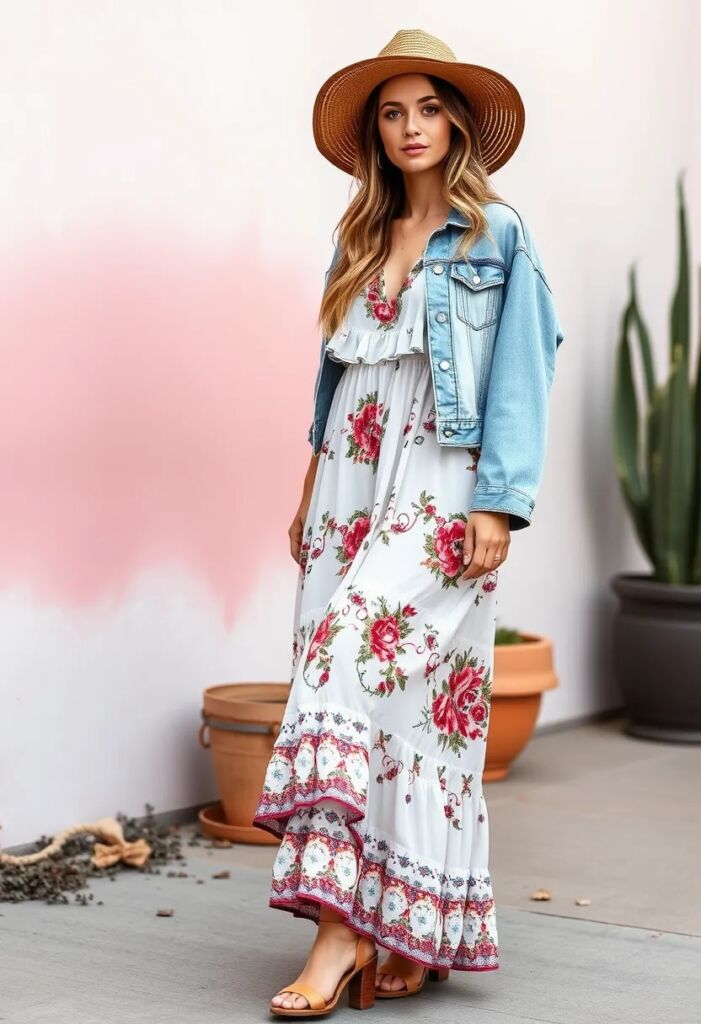 Denim jacket and ruffled maxi dress