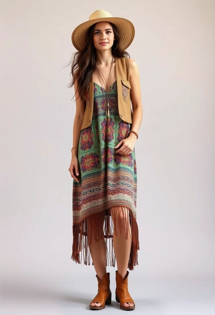 Dress with fringed hem and cropped vest