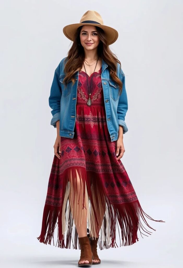 Dress with fringed hem and denim jacket