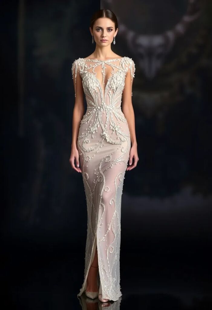 Ethereal Crystal Encrusted Sheath Dress