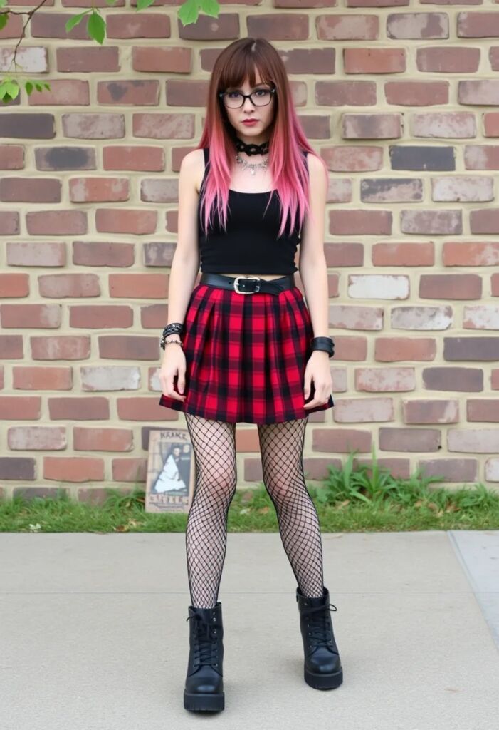 Plaid Skirt and Fishnets Combo