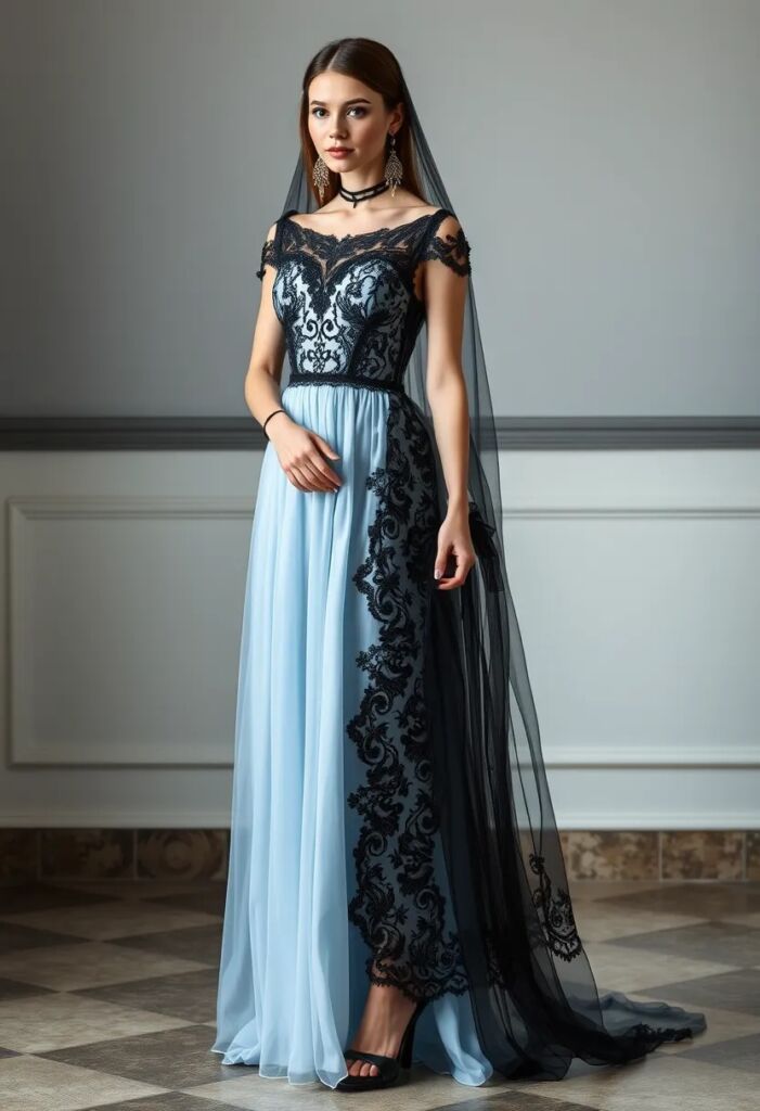 Pastel Blue Gothic Dress with Black Lace