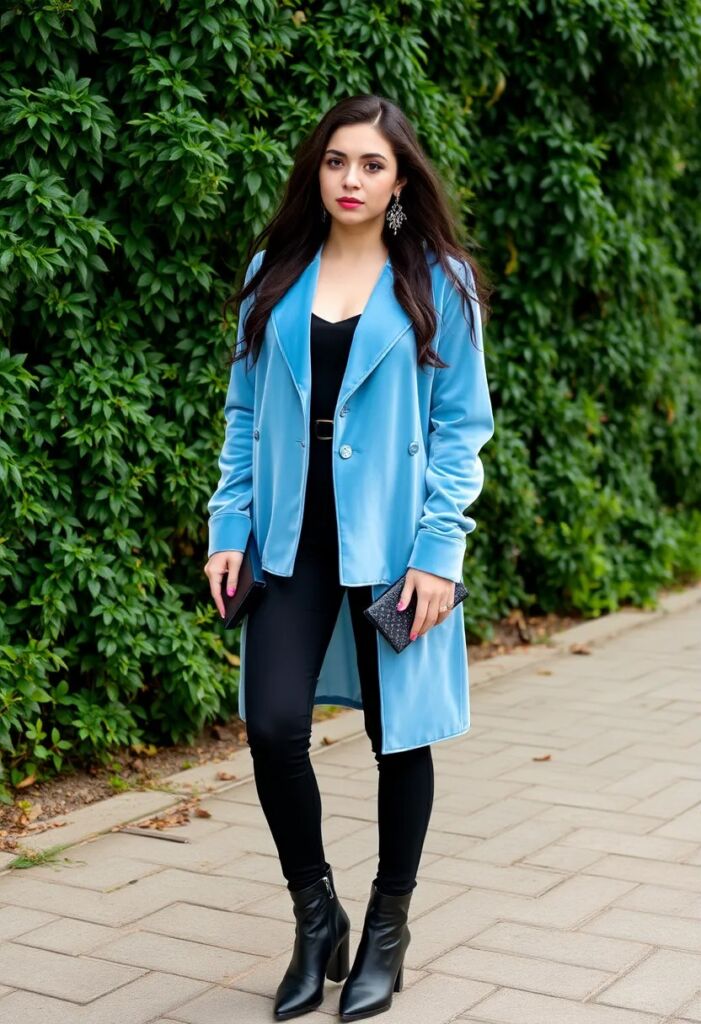 Pastel Blue Velvet Jacket and Black Pants