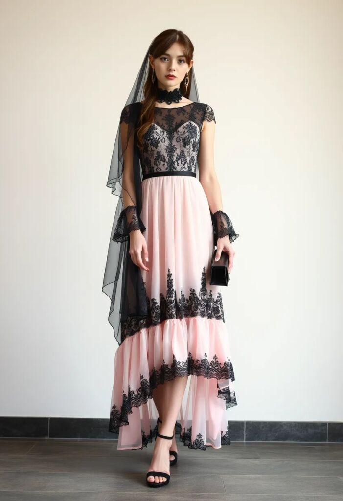 Pastel Blue Gothic Dress with Black Lace